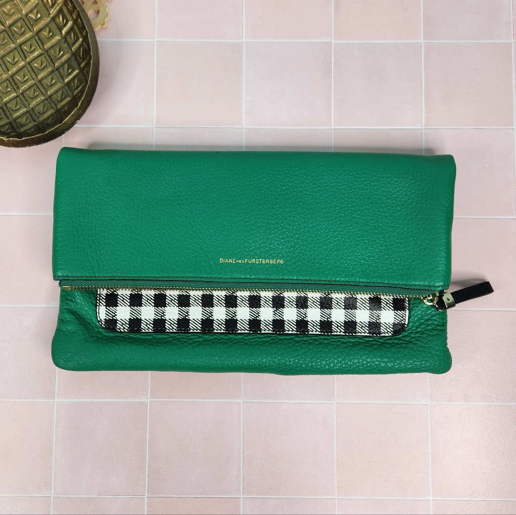 Dvf Green And Black Gingham Clutch